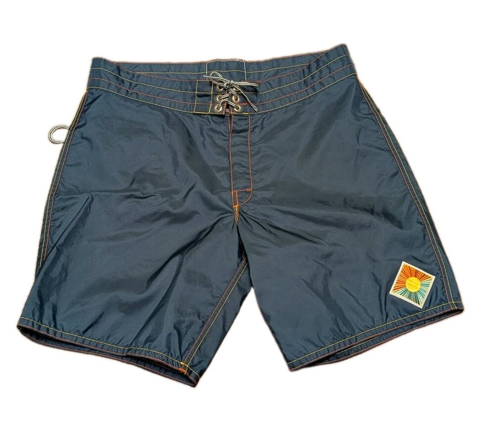 Birdwell Beach Britches Board Shorts Mens 34 Navy USA Made Sun Patch Surf EUC